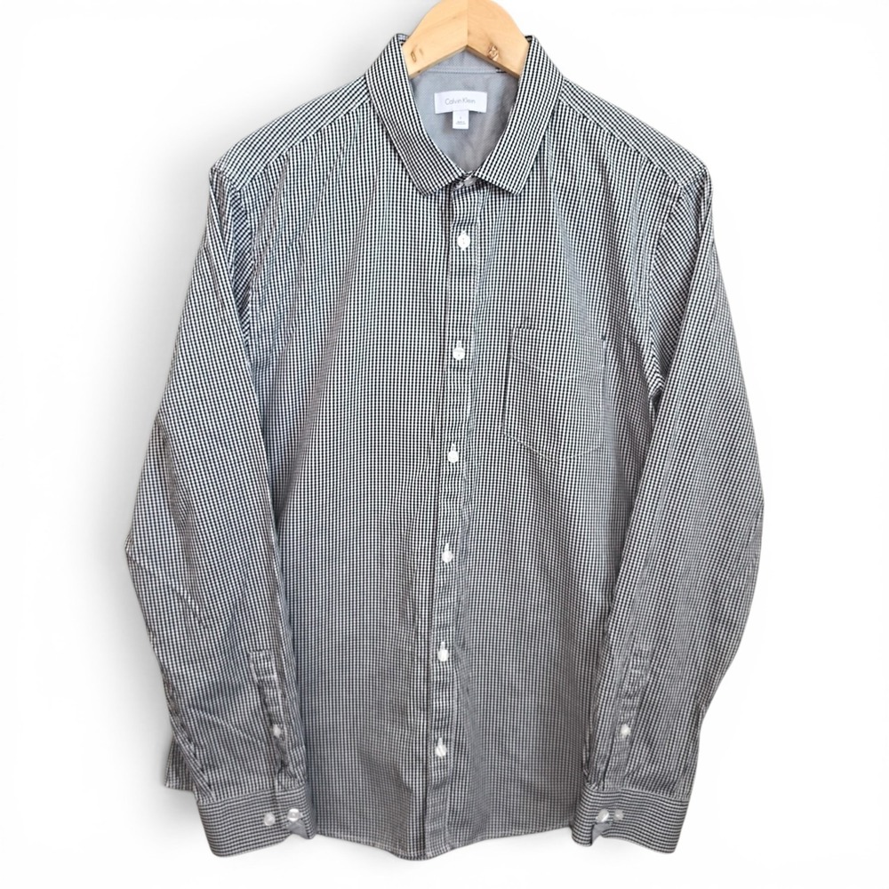 Calvin Klein Shirt Mens Large Black Button Up Long Sleeve 100% Cotton Career